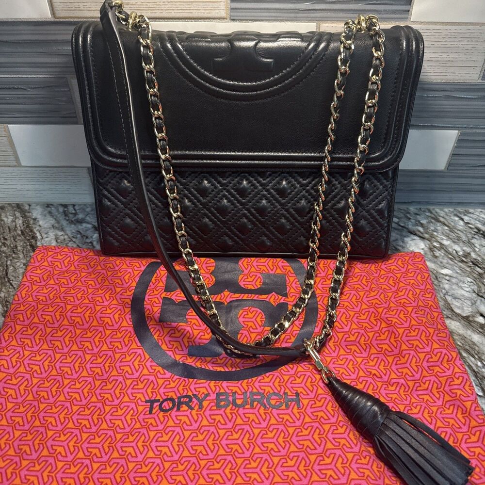 Tory Burch Black Quilted Shoulder/Crossbody Gold Chain Strap & Tassel w/Dust Bag
